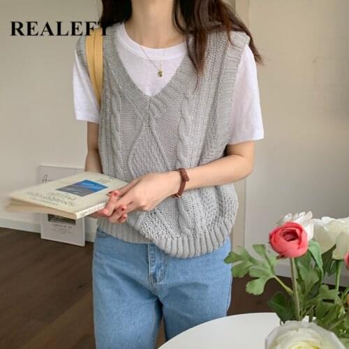 REALEFT Autumn Hollow Out Womens Vest Sweaters 2021 New V-Neck Sleeveless Casual Loose Tank Pullovers Knitted Chic Tops Female