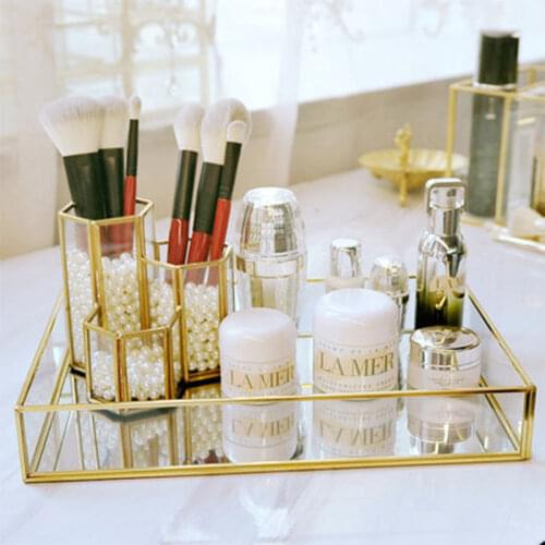 Nordic Retro Storage box Tray Gold Rectangle Glass Makeup Organizer Tray Lipstick, Eyebrow , perfume Jewelry Display Storage Box