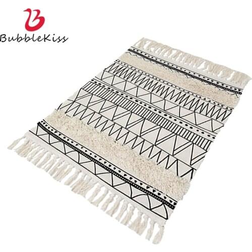 Bubble Kiss Home Tassel Carpet Hand Woven Pure Cotton Mat Nordic Style Tufted Design Rug Black Geometric Decor Non Crease Carpet