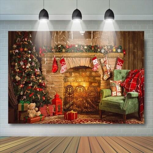 Christmas Fireplace Tree Photography Party Gift Chair Socks Bear Children Decoration Family gathering Photobooth Photocall
