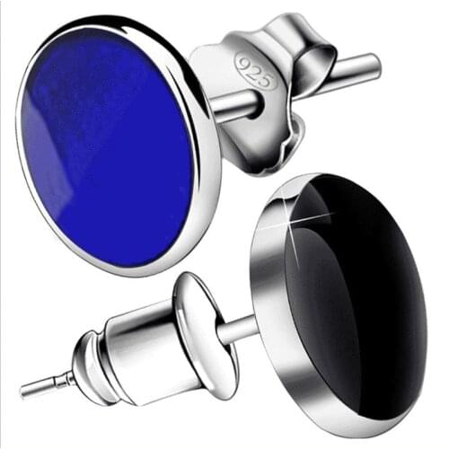 8/10MM Round White/Blue/Black Stone Round Stud Earrings for Men Vintage Fashion Punk Jewelry Male Silver Color Earrings Hip Hop