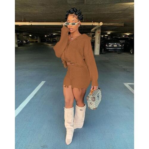 New Autumn Winter Casual Sweater 2 Piece Outfits Elegant Solid Frayed Burrs Zipper Long Sleeve Hooded Top + Shorts Two Piece Set