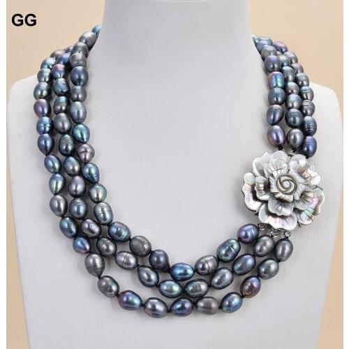 GuaiGuai Jewelry 18'' 3 Strands Natural Black Rice Pearl Necklace Shell Flower Clasp For Women