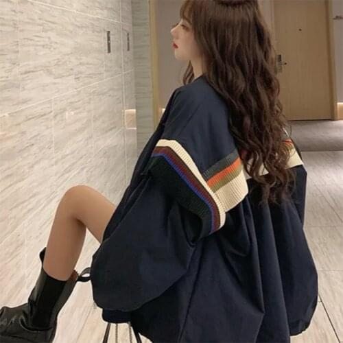 Autumn 2021 new design sense knitted striped loose mid-length baseball uniform long-sleeved jacket jacket women
