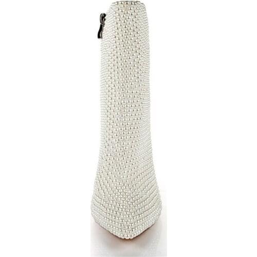 Womens high-end fashion pearl short boots pointed to nightclubs high-heeled boots luxury elegant runway shows pearl riding boot