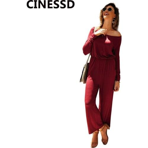 CINESSD Solid Women Casual Jumpsuits Oblique Neck Cold Shoulder Long Sleeves Loose Long Playsuit Rompers Straight Sports Pants