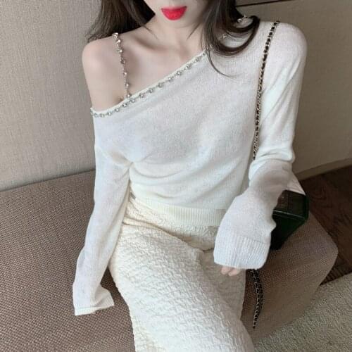 Womens sweater 2021 new off-shoulder rhinestone strap design fashion western style long-sleeved thin white sweater women