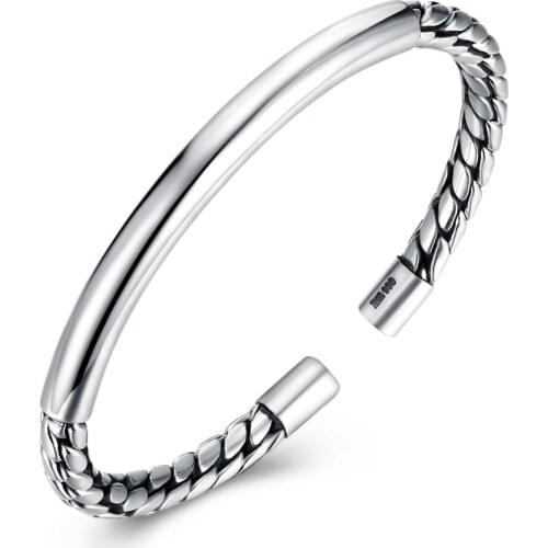 Solid Ancient Silver Chains Pattern Bracelet Bangle Women Vintage 999 Sterling Silver Bangles for Lady Girl Festival Love Gift