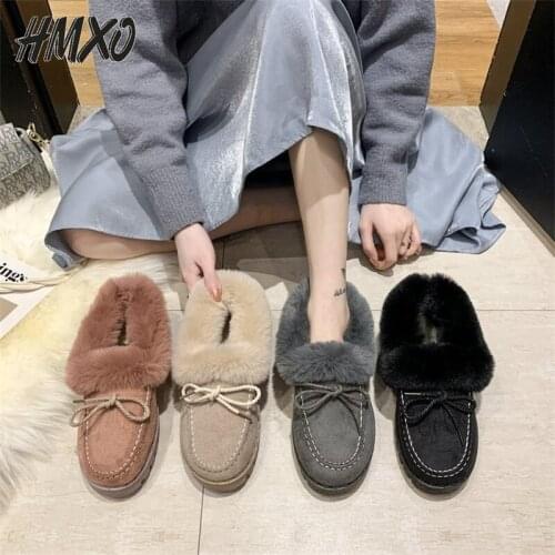 HMXO Winter Round-toe Flat-bottomed Cotton Shoes Warm Cute Bowknot Plus Velvet Pedal Lazy Shoes Casual Ladies Cotton Shoes