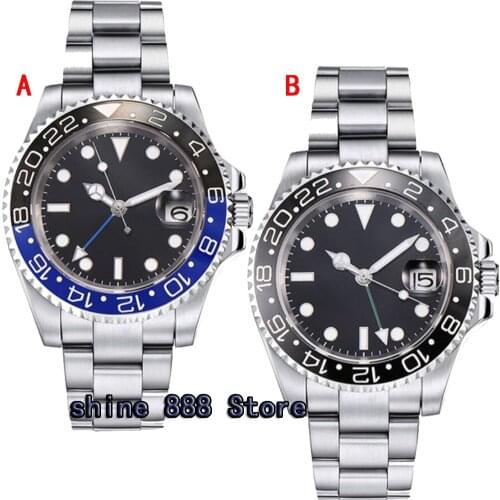 40mm PARNIS black dial sapphire glass GMT ceramic Bezel date automatic men watch