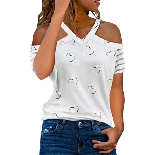 62# Women Love Print Off-shoulder Short-sleeve T-shirts Tunic V-neck Causal Blouse Tshirt Women Causal T-shirt Polyester Tees