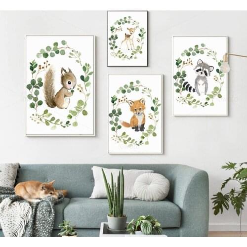 Baby Raccoon Squirrel Deer Fox Canvas Painting Animal Print Olive Branch Poster Green Fresh Nursery Wall Art Pictures Kids Room