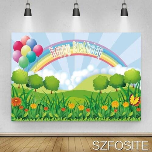 Rainbow White Cloud Balloon Background Baby Birthday Party Blue Sky Plant Backdrop Photography Studio Photo Kids Room Decoration