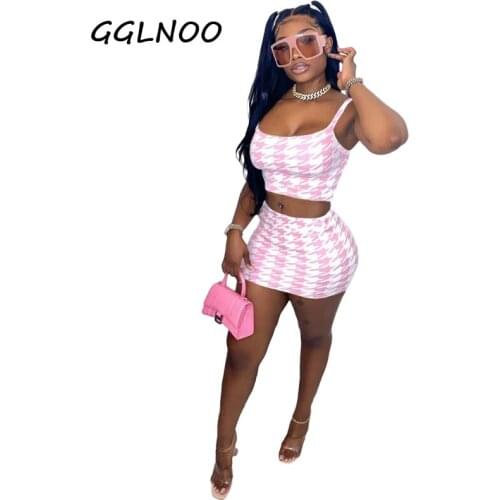 GGLNOO Womens Houndstooth Strap Sexy Sweet Nightclub Style Open Back Short Skirt Suit Pink Fluorescent Temperament commuting