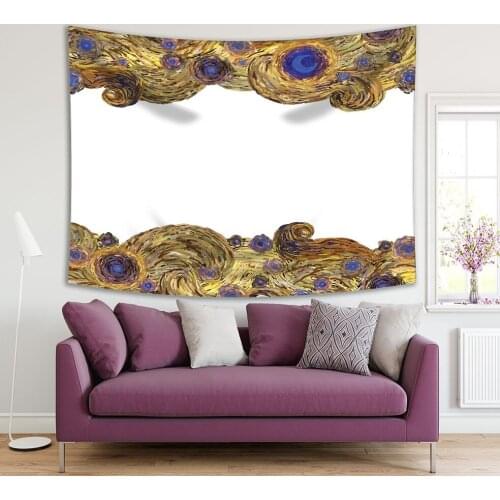 Tapestry Waves Clouds Vintage Van Gogh Impressionist Painting Style Artwork Printed Blue Yellow White