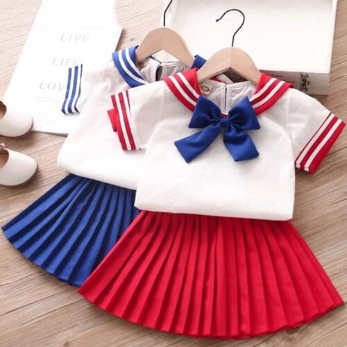 Girl Clothes Sets New Fashion Navy Short Sleeve + Pleated Skirt Summer Kids Clothes 2-Piece Cute Toddler Children Set 2-6Y
