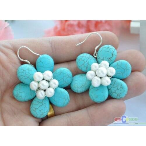 Ladys fashionable 40mm blue bead white pearl flower earring