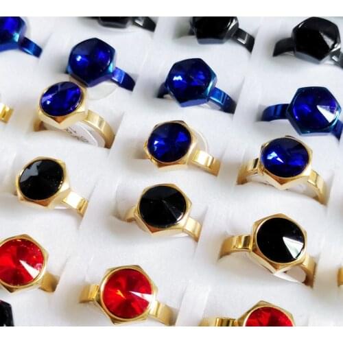 Wholesale 36 pcs 4mm hexagon Inlaid zircon Multicolor mixing Stainless steel men and women rings