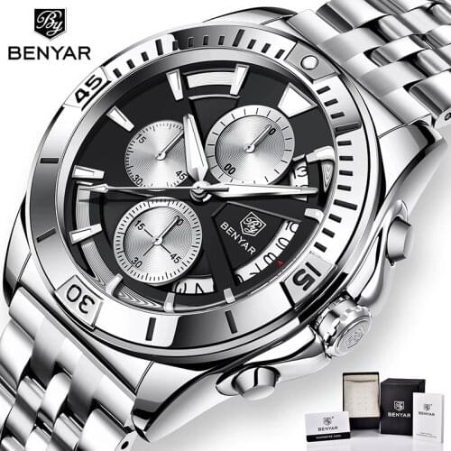 2021 Top Brand BENYAR Luxury Sports Quartz Watch Stainless Steel Fashion Mens Watches Waterproof Chronograph Relogio Masculino