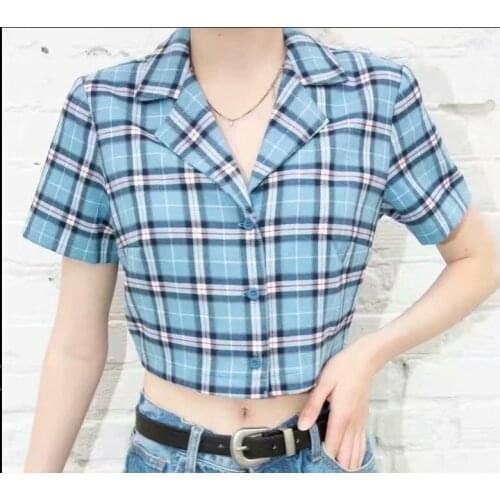 New Euro American College Style BM Short Vintage Plaid Lapel Open Navel Versatile Shirt Top In Summer 2020 DLSY1693