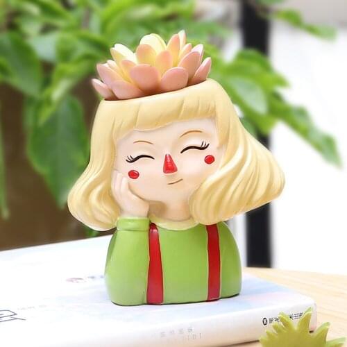 New Style Short Hair Girl Fleshy Flower Pot Creative Cute Cartoon Girl Succulent Resin Potted Office Home Decor Ornaments