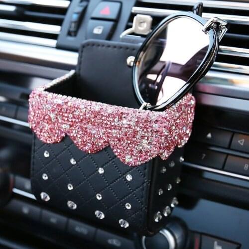 Car Interior Stowing Tidying Organizer Air Outlet Storage Box with Crystals Hanging Storage Box for Mobile Phone Sunglasses