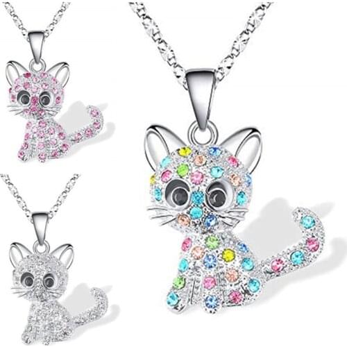 New Cute Cat Pendant Necklace for Women Girls Children Fashion Colorful Crystal Cartoon Animal Necklaces Jewelry Party Gifts