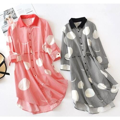 Spring and Autumn Ms. Cotton Gauze Nightgown Long Pajamas Seven Sleeve Nightdress Long Skirt Short Sleeve Home Service Summer