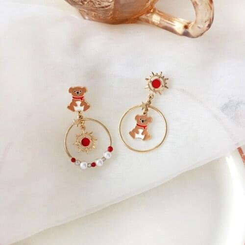 Rhinestone Pearls Sweet Bear Earrings Asymmetric Circle Creative Clip on Earrings for Girls