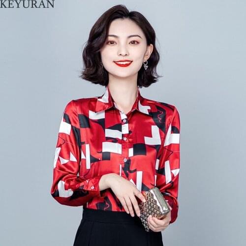 Silk Shirt Women Long Sleeve Shirts Woman Satin Silk Blouses Tops Plus Size Print Woman Vintage Print Satin Floral Top 3XL