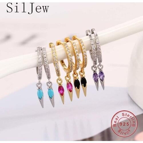 SilJew 925 Sterling Silver Spike Drop Earring Piercing Fashion CZ Ovals Circle Women Fine Jewelry Party Wedding Jewels Creole