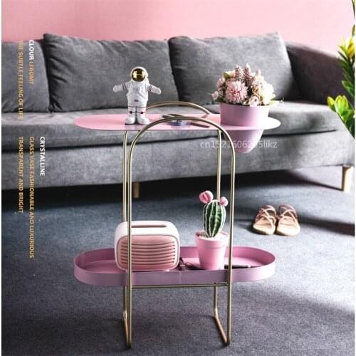 Nordic Pink Coffee Table Stroller Flower Stand Living Room Multi-function Storage shelf Mobile Sofa Side Tables Dining Cart