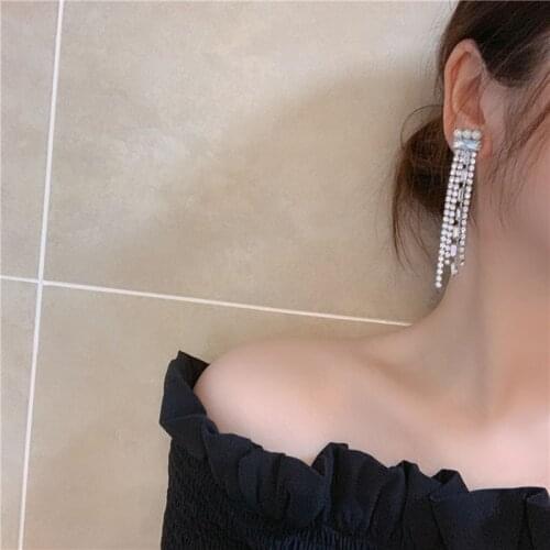 TIMEONLY Shiny Rhinestone Pearls Long Tassel Earrings for Women Silver Color Chains Simulated Pearl Crystal Drop Earrings Brinco