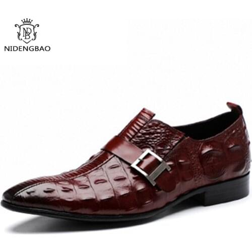 Genuine Leather Casual Shoes Male Luxury Formal Dress Shoes Brown Pointed Toe Crocodile Grain Man Footwear Wedding Party Shoe