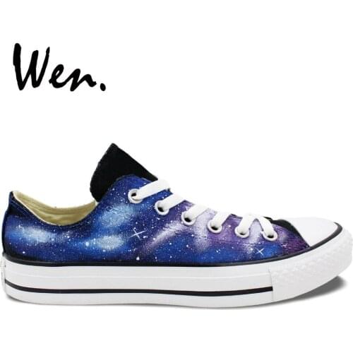Wen Original Hand Painted Shoes Design Custom Blue Starlight Galaxy Nebula Black Low Top Man Womans Canvas Sneakers