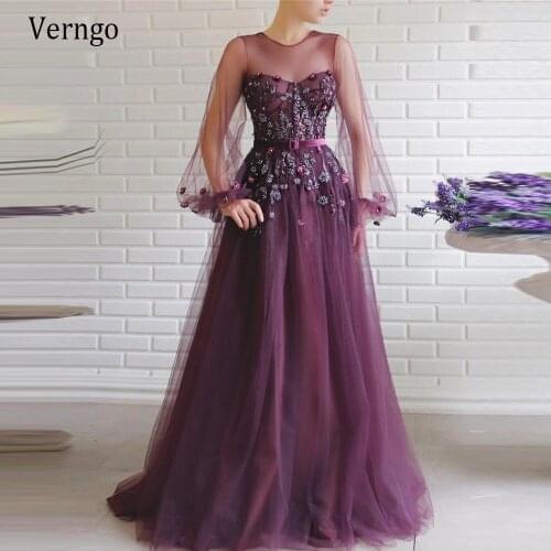 Verngo Elegant Grape Purple Tulle Prom Dresses 2021 Puffy Long Sleeves 3D Flowers O-Neck Evening Gowns With Velour Sash Custom