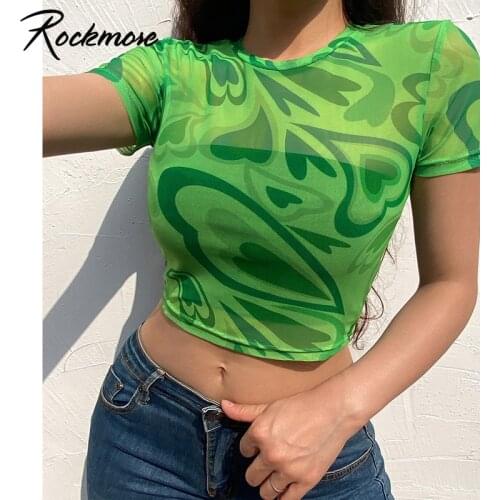 Rockmore Heart Print T Shirt Mesh See Through Crop Top y2k Aesthetic T-shirt Women 90s Vintage Harajuku Tee Tops Casual Summer