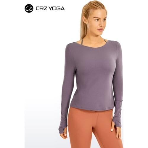 CRZ YOGA Womens Pima Cotton Open Back Long Sleeve Workout Shirts Criss Cross Yoga Sports Tops with Thumb Hole