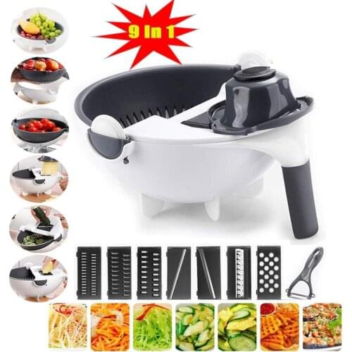 9 In 1 Vegetable Cutter with Drain Basket Multifunction Magic Rotate Portable Slicer Chopper Grater Shredder Kitchen Tool Gadget