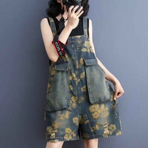 #1557 Printed Rompers Womens Jumpsuit Shorts Loose Vintage Casual Denim Playsuits Ladies Wide Leg Denim Jumpsuit Straight Summer