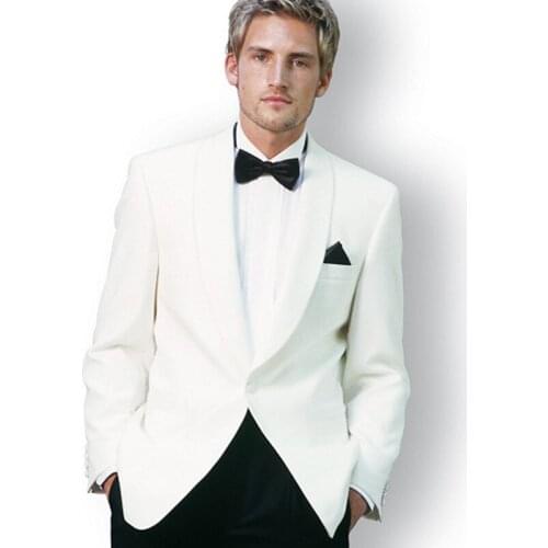 ANNIEBRITNEY White 2 Piece Slim Fit Men Suit With Balck Pants Tailor Made Skinny Groom Wedding Tuxedo Prom Wedding Men Suit Set