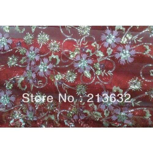 Free shipping 135cm width fabric color line embroidery lace fabric sequins beads water-soluble two-color NET fabric embroidery