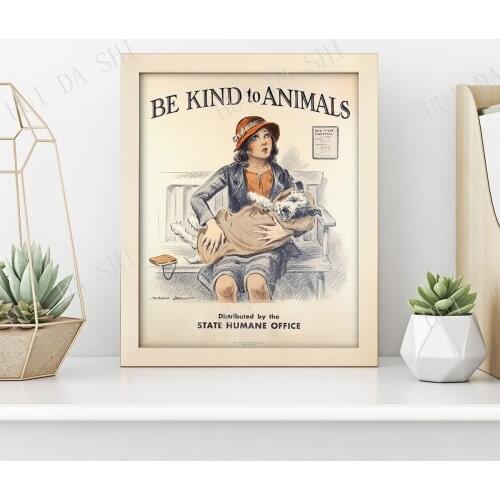 Be Kind to Animals Print • Vintage Dog Wall Art • Antique dog poster featuring stylish young girl and an adorable fox terrier