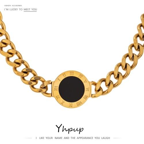 Yhpup Stainless Steel Sweater Chain Choker Necklace for Women 18 K Heavy Metal Roman Numeral Natural Double Sided Necklace Gift
