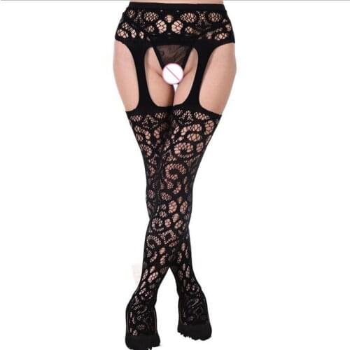 Large Size Nylon Stockings Sexy Thigh-Highs Open Crotch For Women Print Flower Tttoo Tights Fishnet Suspender Belt Black CI203