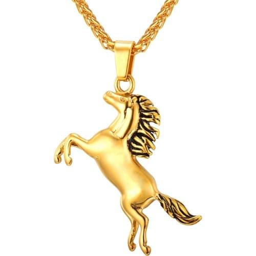 Collare Running Horse Pendant Stainless Steel Gold Color Necklace Wholesale Hip-hop Animal Men Jewelry P159