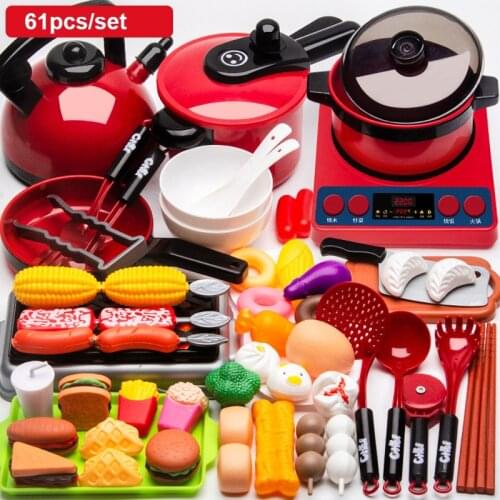 Children Kitchen Toys Simulation Kitchen Fruit Food Cookware Pot Pan Kids Pretend Play Kitchen Set Toys For Girls Doll Food Red