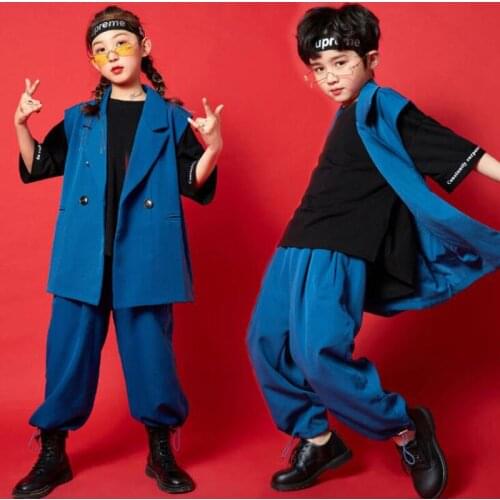 Kids Hip Hop Show Clothing Oversize Suit Sleeveless Jacket Pants For Girls Boys Stage Jazz Dance Costume Clothes Street Wear