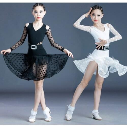 Children Latin Dance Dress Ballroom Girls Tassel Tutu Lace Long Sleeve Black White Stage Clothing Kids Salsa Samba Dance Costume
