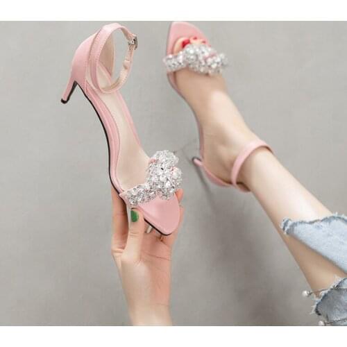 Summer new style rhinestone fashion word buckle stiletto high heel bridal wedding shoes banquet dress all-match female sandals